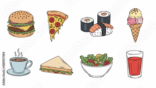 Collection of popular fast food and drink items in a cartoonish style