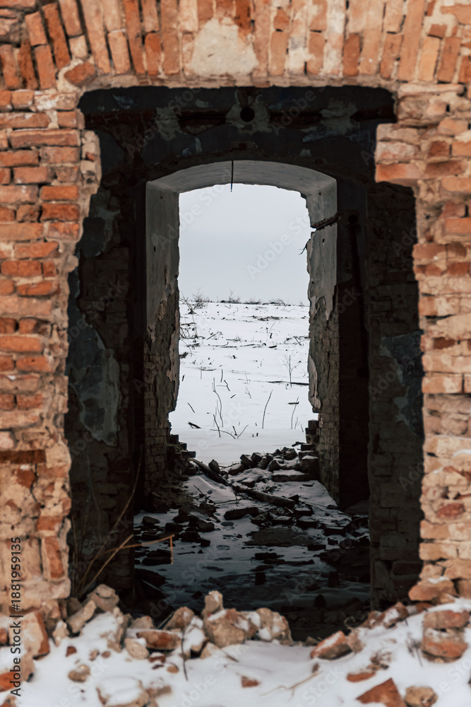 Fototapeta premium Mariánska Čeľaď, Máriacsalád, Slovakia - January 15th 2026: Abandoned Baroque Monastery Ruins Covered in Snow