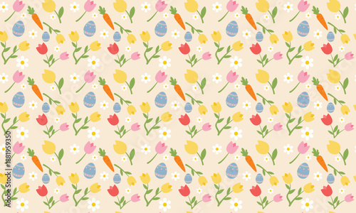 Seamless Easter spring pattern with flowers, eggs carrots