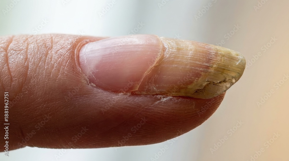 Fototapeta premium Close-up of fingernail with fungal infection and yellowing