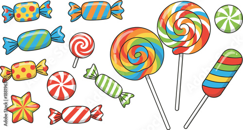 Colorful Candy and Lollipop Collection with Wrapped Sweets, Peppermint Candies, Swirled Lollipops, Hard Candies, and Striped Treats on White Background