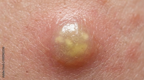 Macro of an inflamed skin boil with visible pus heads
