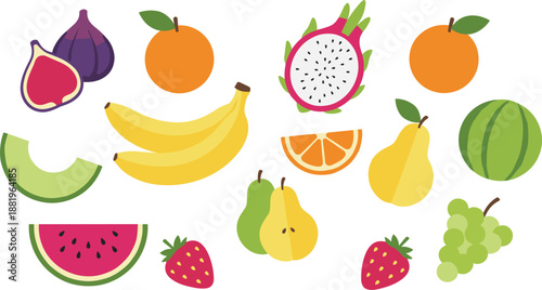 Colorful Mixed Fruit Illustration Set Featuring Bananas, Oranges, Dragon Fruit, Figs, Melon, Watermelon, Pears, Grapes, and Fresh Summer Produce