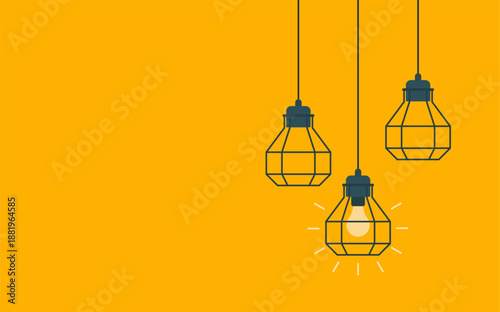Hanging light bulb illustration with minimal line style on bright yellow background, one glowing bulb among others, symbolizing idea, inspiration, creativity, and innovation in a clean modern concept.