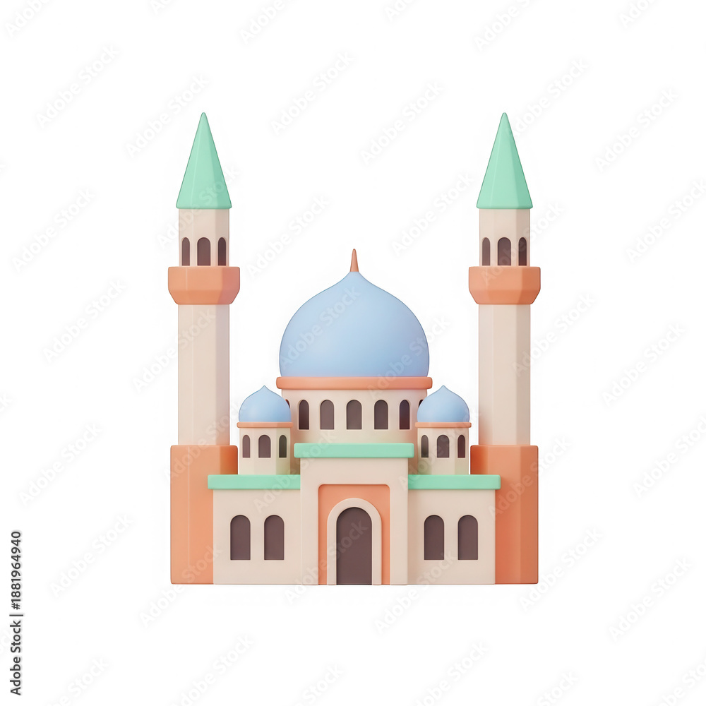 Fototapeta premium Minimalist 3d mosque illustration with two elegant minarets and a prominent blue dome isolated on transparent background
