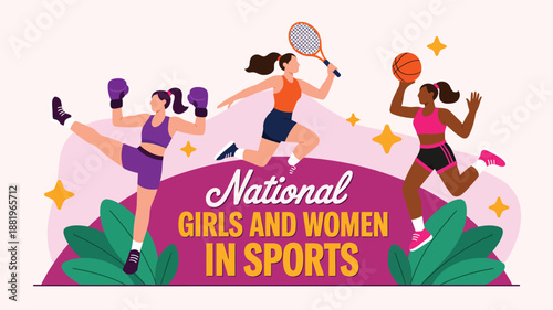 national girls and women in sports illustration celebrating female athletes, empowerment, equality and diversity in athletic activities