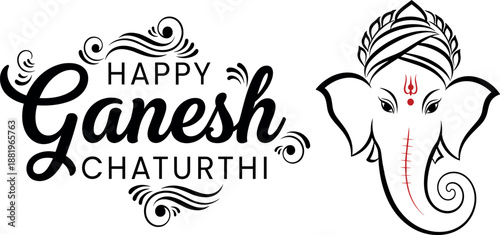 Ganesh Chaturthi vector with deity head and decorative lettering
