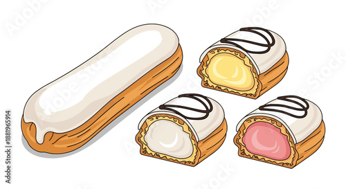 Assorted eclairs with white icing and various cream fillings like custard and strawberry are presented in this sweet dessert set.