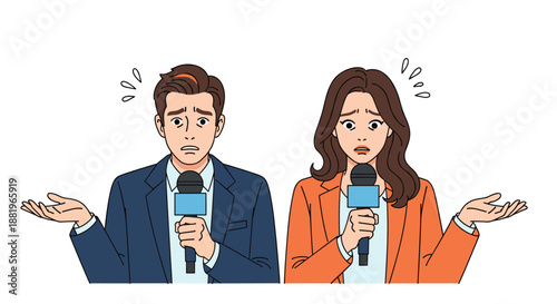 Shocked male and female news reporters with microphones look surprised and confused during a breaking news broadcast session.