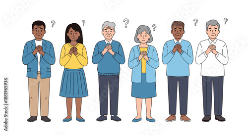 Group of diverse people stand together looking worried and confused with small question marks floating above their heads.