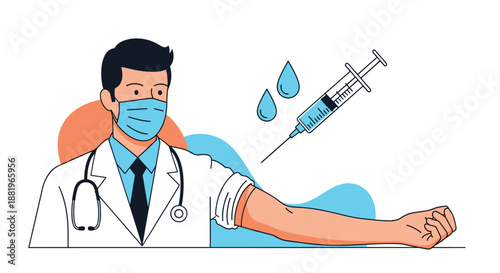 Professional doctor wearing a face mask and white coat prepares to administer a vaccine injection into a patients arm.