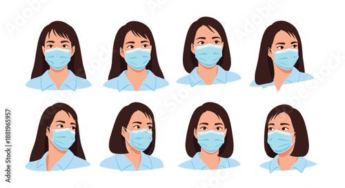 Woman with dark hair wears a blue surgical face mask in eight different head positions for a medical safety guide or catalog.