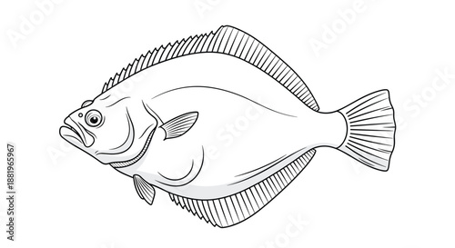 Detailed line art illustration of a flatfish like a flounder or halibut is shown in a clean black and white biological drawing.