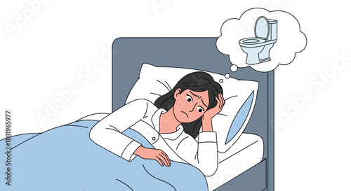 Stressed woman lies in bed unable to sleep while thinking about a toilet due to health issues or frequent urination concerns.