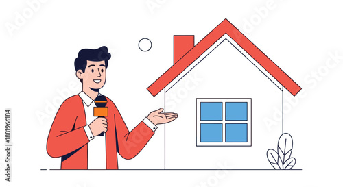 Male news reporter holding a microphone and gesturing toward a simple house illustration with a red roof on a white background.