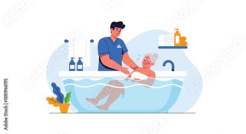 Compassionate male nurse assisting an elderly woman with her bath in a clean and safe bathroom environment.
