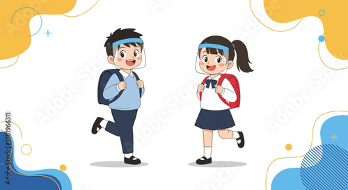 Cheerful school boy and girl in uniforms wearing protective face shields while walking to school in a bright and playful cartoon illustration.