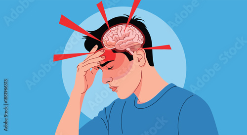 Man suffering from a severe headache or migraine with an anatomical brain view and red stress lines in a descriptive medical illustration.