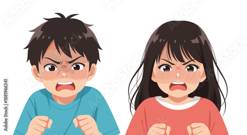 Close up of an angry boy and girl with flushed faces and clenched fists demonstrating strong emotions in a modern anime illustration style.