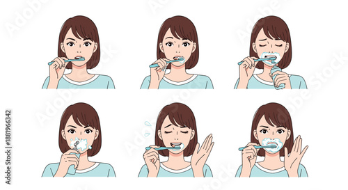 Educational six-panel illustration sequence showing a woman brushing her teeth, spitting foam, and using mouthwash for daily oral hygiene.