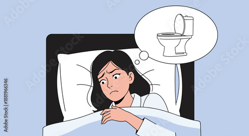 Worried woman lying in bed at night thinking about using the bathroom in a thought bubble in an expressive flat vector illustration.