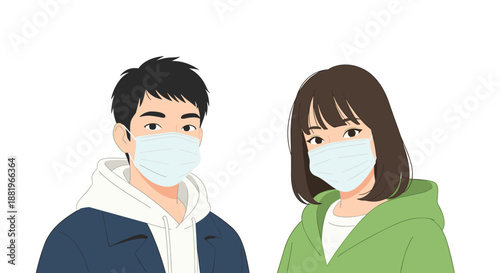 Young man and woman wearing surgical face masks and hoodies as protection against air pollution and infectious diseases in a busy city.
