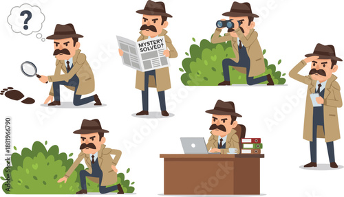 Detective Character Set Solving Mystery with Magnifying Glass, Binoculars, Newspaper, Laptop and Investigation Poses in Flat Modern Style