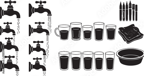 Black and white illustration of water and ink elements