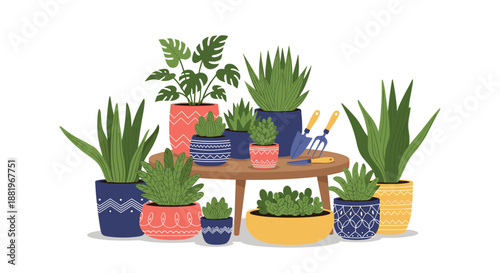 Lush display of various potted houseplants including monsteras and succulents arranged on and around a wooden table with gardening tools.