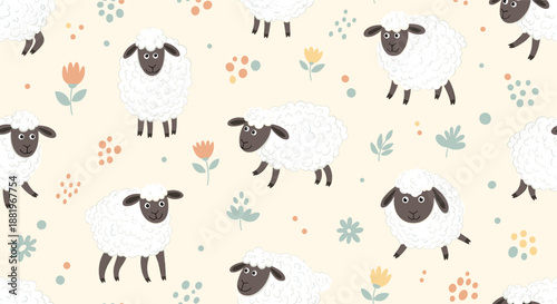 Adorable seamless pattern background featuring cute white sheep with black faces, colorful flowers, and decorative dots for children.