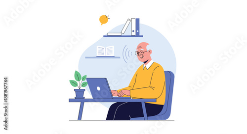 Modern illustration of an elderly man with glasses sitting at a desk and using a laptop computer for work or communication.