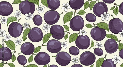 Colorful fruit seamless pattern showcasing ripe purple plums with green leaves and small white blossoms on a light cream background.