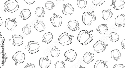 Seamless pattern of black and white line art bell peppers or capsicum illustrations arranged in a random repeat on a clean white background.