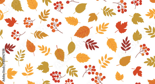Autumn foliage seamless pattern with various colorful falling leaves and bunches of red berries on a white background for seasonal decoration.