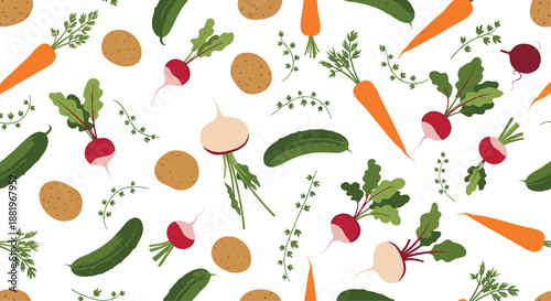 Garden vegetable seamless pattern with carrots radishes potatoes cucumbers and fresh herbs on a white background for healthy cooking themes.