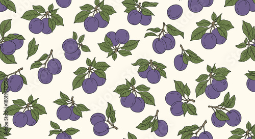 Classic seamless pattern featuring ripe purple plums on branches with green leaves in a vintage hand drawn style for textile and food packaging.