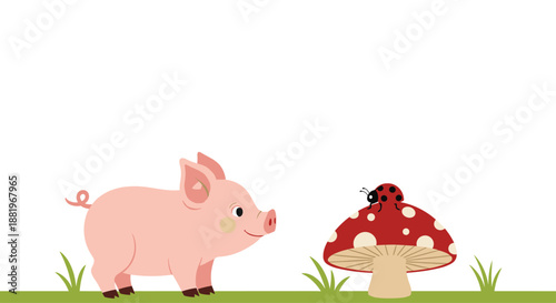 Cute animal illustration featuring a small pink piglet standing in the grass and looking at a ladybug on a red spotted mushroom in a field.