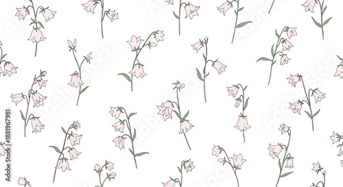 Delicate seamless pattern of elegant pink bellflower blossoms on thin stems for romantic floral backgrounds and wedding stationery decorations.