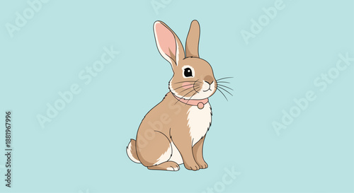 Adorable illustration of a brown rabbit with a pink collar sitting peacefully on a solid pastel blue background for pet and animal themes.