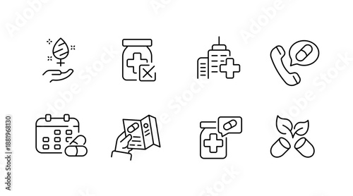 Healthcare icons: medication, communication, appointment, consultation, prescription, pharmacy