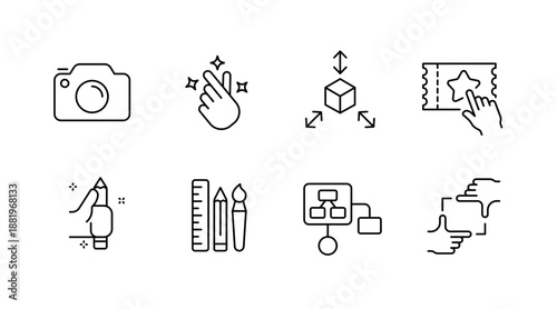Creative tools and design process icons for photography and art