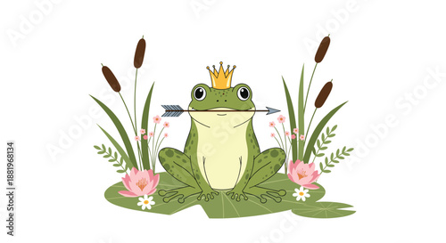 Illustration of a frog prince wearing a golden crown and holding an arrow in its mouth sitting on a lily pad in a pond with cattails and lilies.