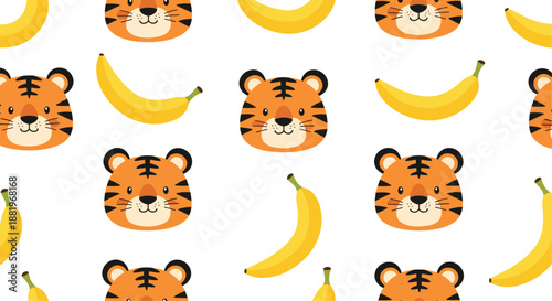Playful seamless pattern showcasing cute tiger heads and yellow bananas scattered over a white background for kids.
