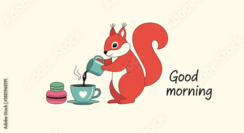 Charming red squirrel pouring milk into a heart shaped coffee cup next to sweet macarons for a good morning scene.