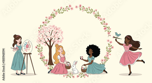 Diverse group of young girls celebrating spring by painting an easter egg and gathering in a blooming garden setting.