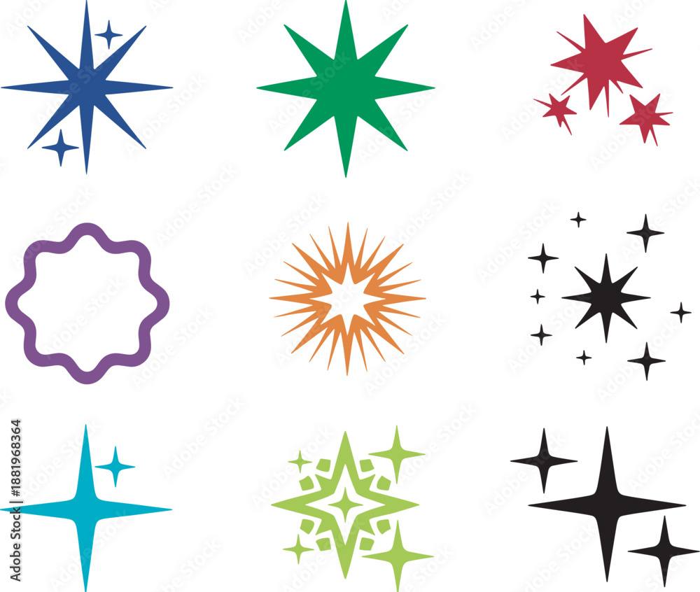 Fototapeta premium Collection of colorful abstract star shapes and decorative elements isolated