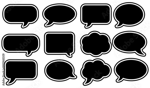 Speech Bubble Icon Set Vector – Assorted Black Chat Clouds and Communication Boxes for Comic, Social Media, and Interface Design