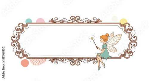 Decorative horizontal frame with a delicate fairy holding a magic wand and various colorful abstract circles around.