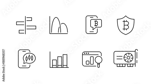 Cryptocurrency icon set: charts, bitcoin, mobile, security, analytics
