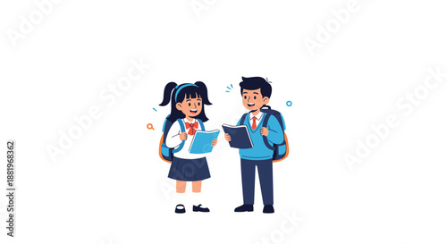 Two adorable school children in blue uniforms and backpacks standing together and holding their school books.